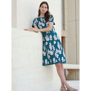 Misook Bold Floral Soft Knit A-Line Dress Spruce Teal Green Flowers LG